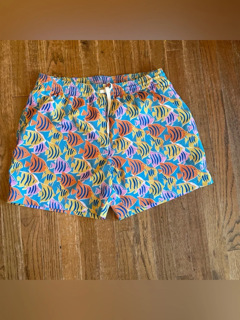 chubbies Colorful Tropical Fish Swim Trunks in Blue, Orange & Pink